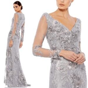 Mac Duggal 67539 Embellished V Neck Illusion Long Sleeve Gown Platinum Size 10